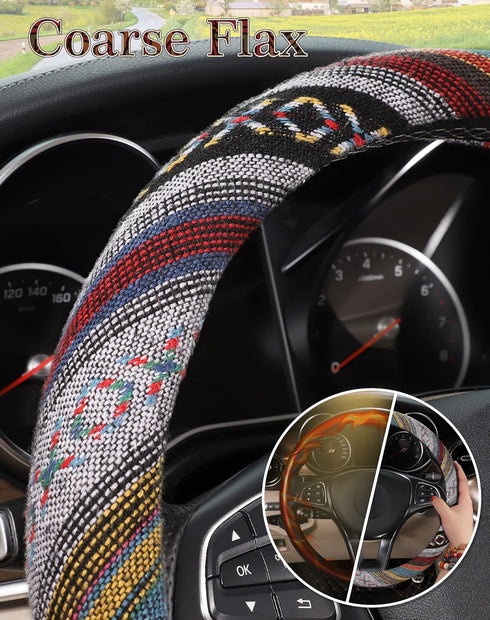 SEG Direct Boho Steering Wheel Cover with Baja Blanket Cloth, Ethnic Style Auto Wheel Cover Made of Coarse Flax, Fits 14 1/2-15 1/4 inches Car Whe...
