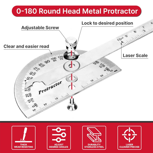 P.I.T. Angle Protractor,Stainless Steel Square Head,Angle Ruler Finder 0-180°,10 cm Woodworking Ruler, Angle Measure Tool, Craftsman Angle Measure...