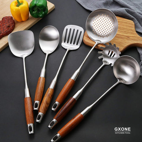Large Serving Spoons,304 Stainless Steel Cooking Spoon with Heat Resistant Wooden Handle,Silver/12.4Inch...
