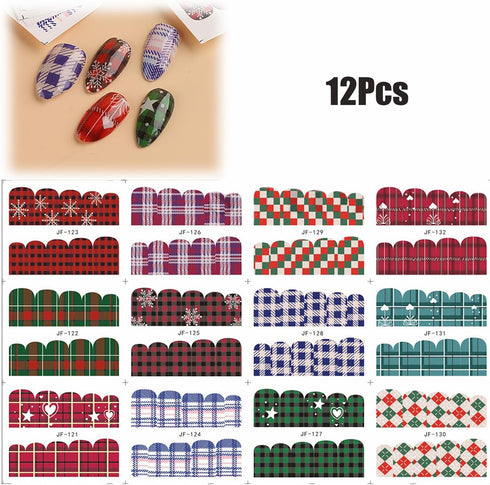 12 Pcs Christmas Nail Art Stickers Winter Cartoon Water Transfer Nail Decals Xmas Snowflake Nail Stickers Christmas Tree Grid Nail Art Design Deca...