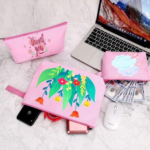 10 Pieces Cotton Canvas Makeup Bag with Bottom and Strap, Multi-Purpose Cosmetic Bag with Zipper Travel Toiletry Pouch, Blank DIY Craft Bag Pencil...