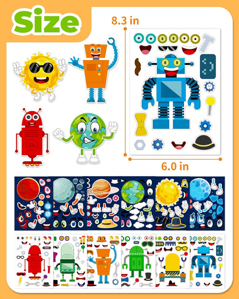 Benresive 24 Sheets Robotics & Space Party Favors for Kids 3-5 4-8, Face Stickers for Kids, Crafts Activities for Toddlers 1-3 2-4 3-5, Make Your ...