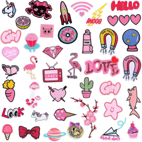 MTLEE 40 Pcs Pink Iron on Patches Embroidered Cute Applique Patches Appliques Pretty Preppy Unicorn Assorted Styles Cowgirl DIY Sew for Clothes Ja...