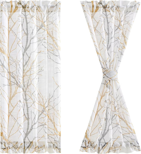 FMFUNCTEX French Front Door Curtains for Glass Door Curtains 72 Inches White Semi-Sheer Window Curtain Yellow and Grey Branch Print Curtain for Pa...