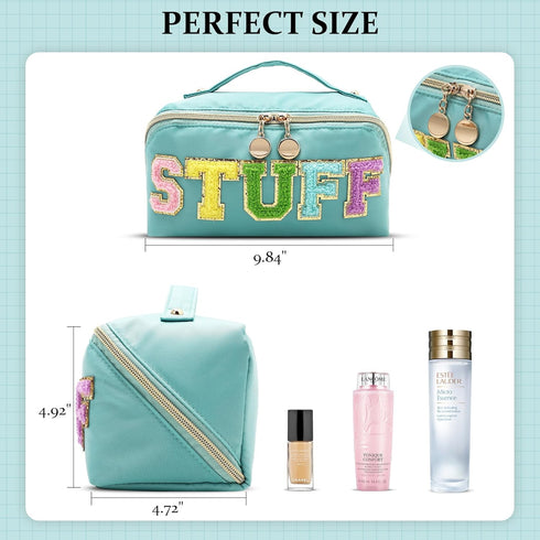 Stoney Clover Preppy Makeup Bag, Large Capacity Travel Cosmetic Bag, Chenille Letter Open Flat Nylon Bag, Mint...