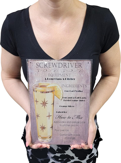 8" x 12" Popular Cocktails and Drink Mix Recipes Menu on Metal Tin Sign Wall Decor Plaque Poster (SCREWDRIVER)...