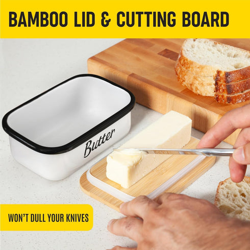 White Butter Dish with Lid for Countertop & Refrigerator - Unbreakable Metal Butter Keeper, Large Butter Container for Fridge, Butter Holder, Butt...