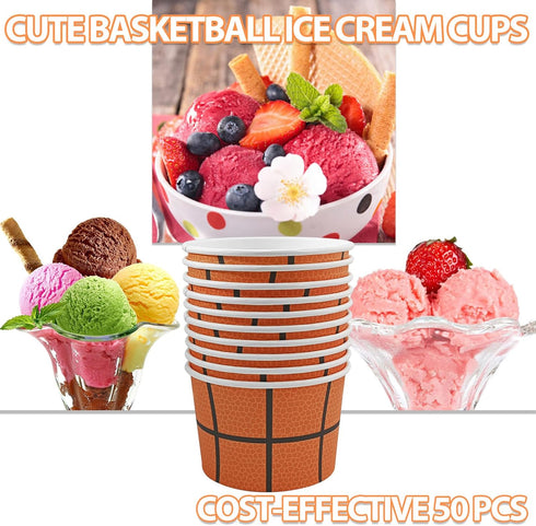50 Pcs Basketball Paper Ice Cream Cups Basketball Party Treat Snacks Bowls Cute Basketball Birthday Party Supplies Dessert Food Containers For Sou...