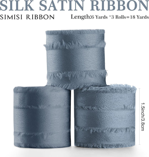 Dusty Blue 1.5 Inch 18 Yards Silk Satin Ribbon Handmade Frayed Ribbons for Gift Wrapping, Crafts, Baby Shower, Wedding Invitations, Flower Bouquet...