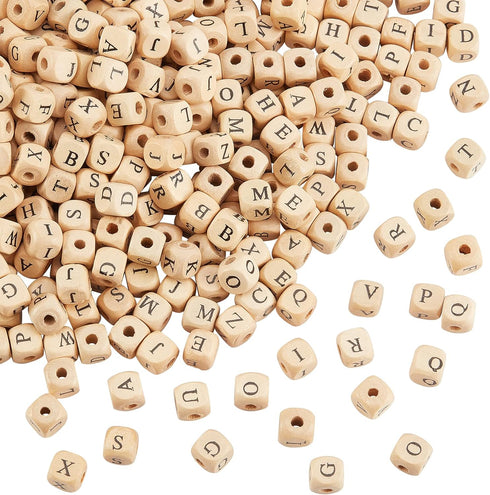 PH PandaHall 1060pcs 10mm Alphabet Wooden Beads Random Natural Square Wooden Beads 3~4mm Hole Wood Loose Bead with Initial Letter Cube Bead for Je...