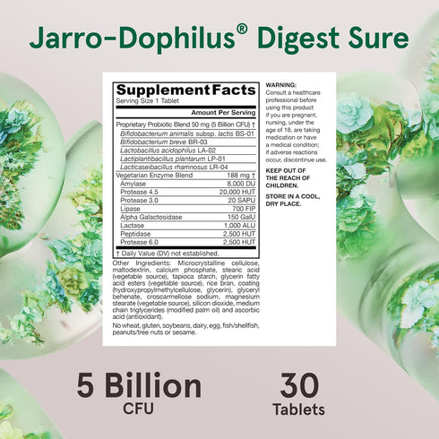 Jarrow Formulas Jarro-Dophilus Digest Sure Tablets, 5 Billion CFU Supplement for Immune Support, 30 Bilayer Tablets, 30 Day Supply...