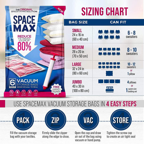 Small 6 Pack | SPACE MAX Premium Space Saver Vacuum Storage Bags - Save 80% More Storage Space - Reusable, Double Zip Seal & Leak Valve, Includes ...