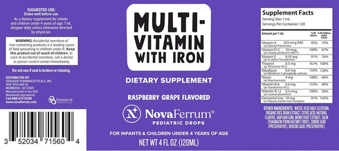 NovaFerrum Yum | Multivitamin with Iron for Infants, Toddlers & Kids | Immune Support | Ages 4 & Under | Gluten Free Certified | Sugar Free | Rasp...
