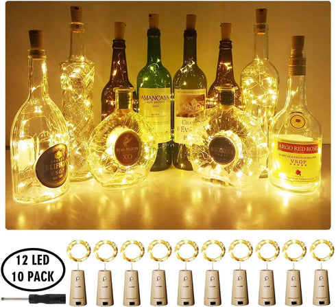 Aluan Wine Bottle Lights with Cork, 12 LED 10 Pack Fairy / String Lights Waterproof Battery Operated for Jar Party Wedding Christmas Festival Bar ...