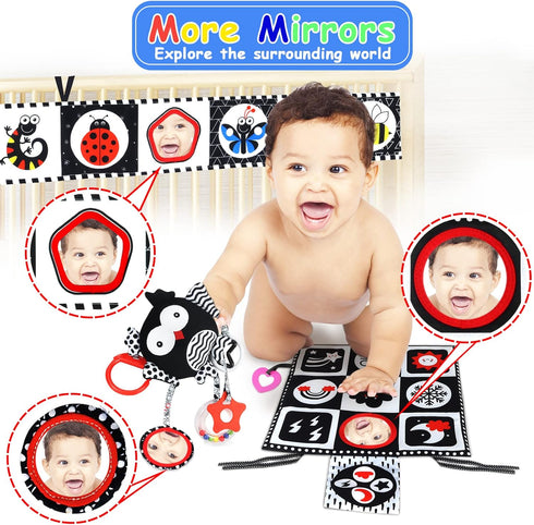 Black and White High Contrast Baby Toys 0-6 Months with Mirror, Crinkle and Rattles, Soft Baby Toys for Brain Development Montessori Sensory Tummy...