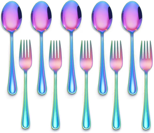 LIANYU 10-Piece Rainbow Children Silverware Set, Kids Forks and Spoons Silverware Set, Stainless Steel Toddler Utensils Flatware Set, Child Cutler...