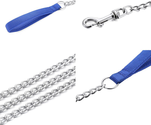 Metal Dog Leash Chew Proof Dog Chain Leash 4ft, 8ft Heavy Duty Sturdy Pet Dog Leash with Red Padded Handle for Large Medium Dogs (4'/3.0mm, Blue H...