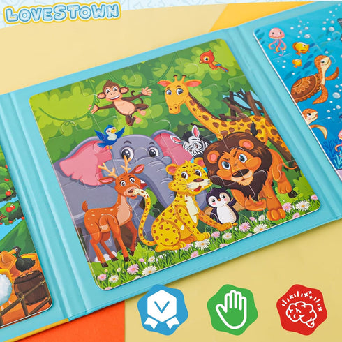 LovesTown Magnetic Travel Puzzles Book, Animal Wooden Magnetic Puzzles for Toddlers Learning Magnetic Puzzles for Road Trip...