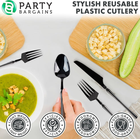 Party Bargains Disposable Plastic Black Cutlery Set, Infinity Modern Design Utensils, 40 Pack: 16 Forks, 8 Knives, 16 Spoons...