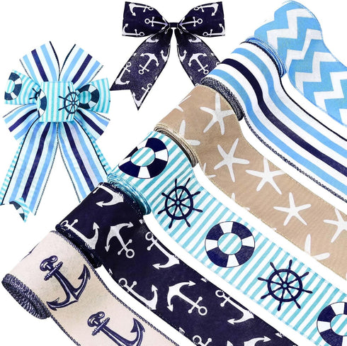 6Rolls Nautical Wired Edge Ribbon 2.5Inch Navy Blue Anchor Waves Stripes Starfish Printed Fabric Ribbon for Baby Shower Summer Holidays Under The ...
