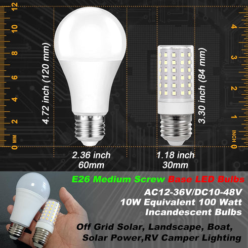 12 Volt 24V Low Voltage E26 Medium Screw Base LED Bulbs 6000K Daylight White 10W Equivalent 100 Watt Bulb AC12-36V/DC10-48V for RV Camper Landscap...