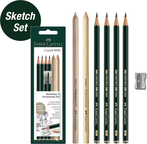 Faber-Castell Sketching and Accessories Set - Castell 9000 Graphite Pencils and Eraser Pencils - Art Pencils for Drawing and Shading...