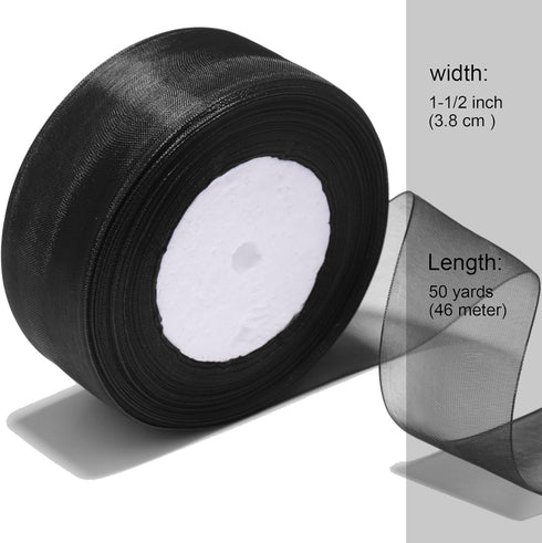 1-1/2 Inch Sheer Organza Ribbon 50 Yards Black Chiffon Ribbon for Gift Wrapping,Bouquets,Wedding,DIY Craft...