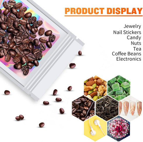100 Pieces Resealable Mylar Bags, Small Holographic Packaging Bags, Smell Proof Mylar Bags for Food Storage/Jewelry/Eyelash for Small Business (Wh...