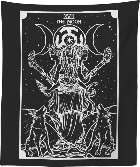 The Goddess Hecate Tarot Card Tapestry (Black & White) - Triple Moon Goddess of Witchcraft Hekate Wheel Pagan Witch Wall Hanging (60" x 50")...