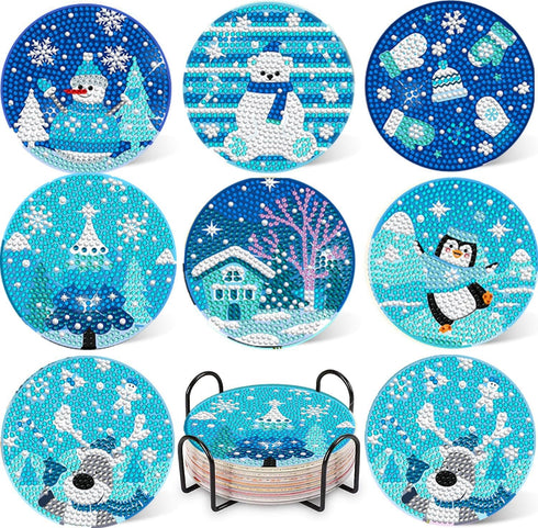 DOTSOPS 8 Pcs Christmas snowman Diamond Painting Coasters Kits with Holder - DIY Diamond Art Coaster - Non Slip Coaster for Adults Diamond Paintin...
