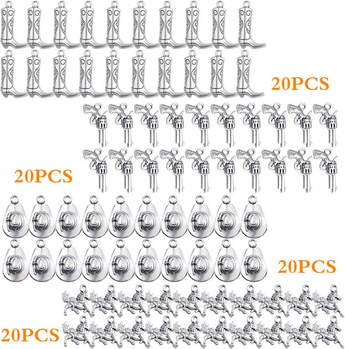 80pcs Antique Silver Western Cowboy Theme Charms Vintage Alloy Mixed Western Horse Boot Gun Pendants Charms for DIY Bracelet Necklace Earrings Jew...