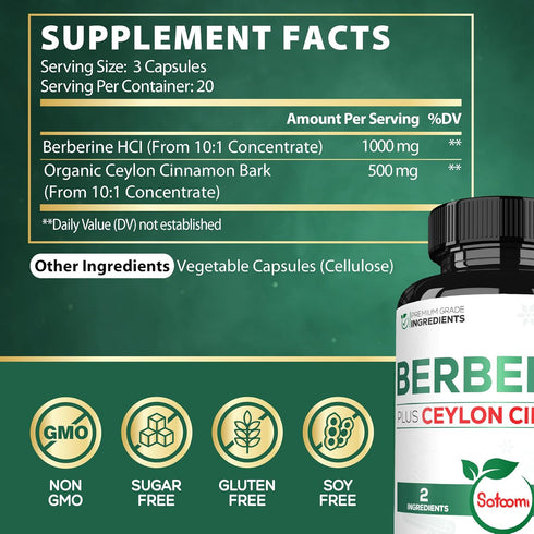 1500mg Berberine with Ceylon Cinnamon Supplement - Extra Strength for Immune System, Digestive Health, Body Management & Energy Production - 60 Ca...