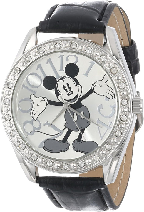 Disney Unisex MK1015 Mickey Mouse Silver Dial Black Crocodile Strap Watch...
