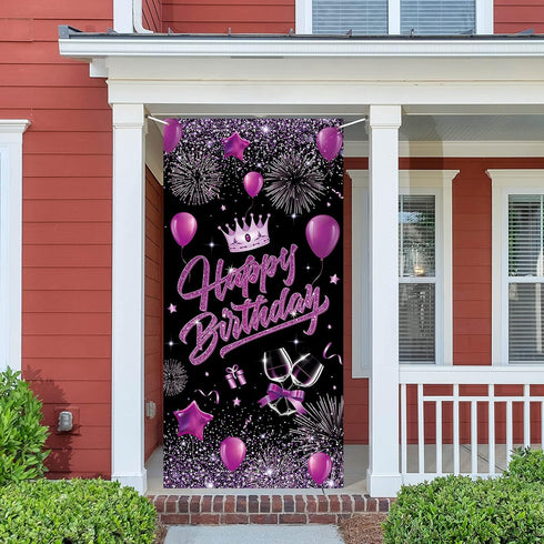 Purple Happy Birthday Door Banner Black Party Decorations for Women Girls Large Cover Backdrop Supplies Background Poster Photo Booth...