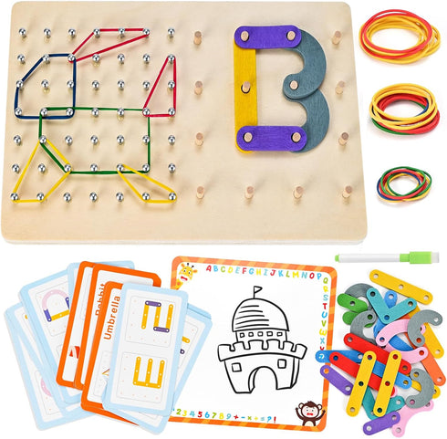 Wooden Geoboard with Rubber Bands, Wooden Letter Number Construction Puzzle, Montessori Graphical Mathematical Educational Toy, Brain Teaser STEM ...