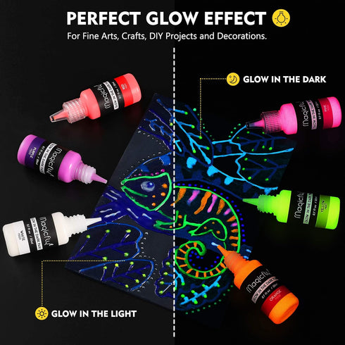 Magicfly Acrylic Glow in The Dark Paint, 10 Bright Colours Liquid Luminous Paint, Neon Paints Glow in Dark for Painting, Halloween Decoration, DIY...