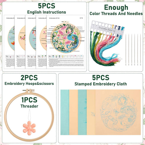 Yinder 5 Sets Floral Embroidery Kit for Beginners Embroidery Starter Kit with Patterns and Instructions Include Embroidery Hoop Threads Needles St...