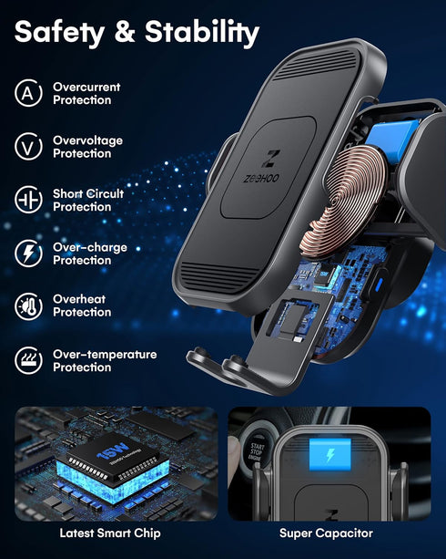 ZeeHoo Wireless Car Charger,15W Qi Fast Charging Auto-Clamping Car Mount, Dash, Air Vent Phone Holder Smart Sensor Auto Charging Cradle for iPhone...
