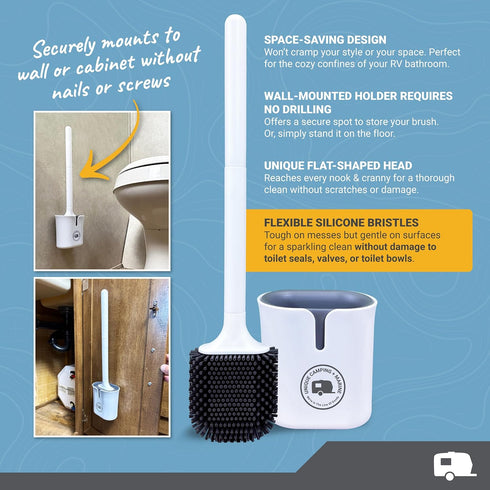 Unique RV Toilet Bowl Brush, Compact Design, Silicone Bristles, Won't Damage Toilets, No-Drip Holder, Wall Mount for Easy Storage on Travel Days, ...