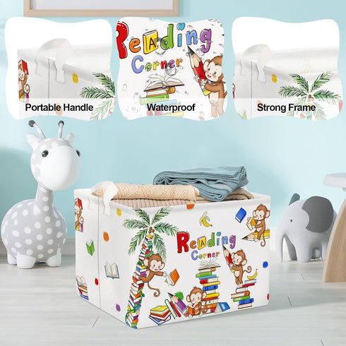 Clastyle Reading Corner School Classroom Book Basket with Handle 36L Large Monkey Book Tree Shelf Basket for Kid Room Nursery Collapsible Rectangl...