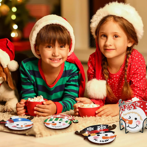 12 Pcs Christmas Diamond Art Coasters Snowman Head Diamond Painting Coasters with Holder Xmas Diamond Painting Kit Diamond Acrylic Round Cup Coast...