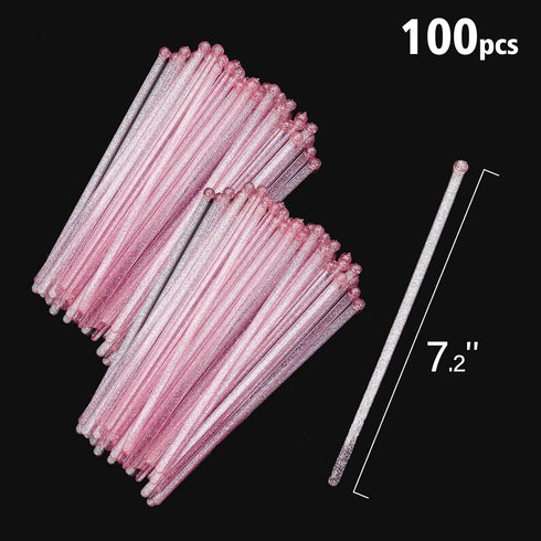 100-PCS Pink Glitter Plastic Swizzle Sticks, Crystal Cake Pops, Cocktail Coffee Drink Stirrers, Lolipop Stick for Valentines Day Christmas Party, ...