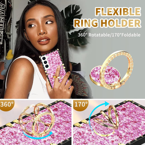 Loheckle for Samsung Galaxy S22 Case for Women Girls with Ring Stand Holder and Lanyard, Glitter Retro Luxury Glamour Cute Square Edges Bling Phon...
