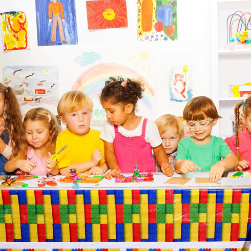Tatuo 3 Pcs Building Block Party Tablecloths Building Block Party Supplies 71 x 42.5 Inches Waterproof Plastic Table Covers for Building Block Bir...