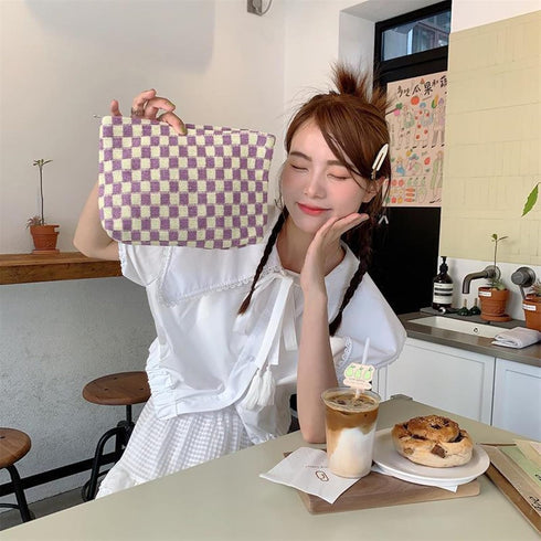 Cosmetic Bag Cute Makeup Bag Y2k Accessories Aesthetic Make Up Bag Y2k Purse Checkered Makeup Bag Cosmetic Bag for Women (Green and white)...