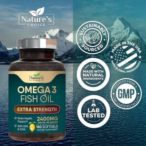 Triple Strength Omega 3 Fish Oil 2400 mg Supplement, Nature's Omega-3 Supplements, Brain & Heart Health Support - EPA & DHA, Fish Oil in Each Soft...