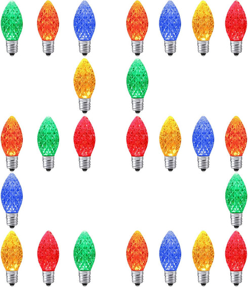 25 Pack C7 Multi Colored LED Replacement Christmas Light Faceted Bulbs, 0.72W, 2 SMD LEDs in Each Light Bulb, E12 Base, Commercial Grade Replaceme...
