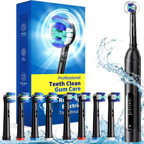 Rotating Electric Toothbrush for Adults with 8 Brush Heads (2 Types), 4 Modes Deep Clean Electric Toothbrush with Rechargeable Power and 2 Min Sma...