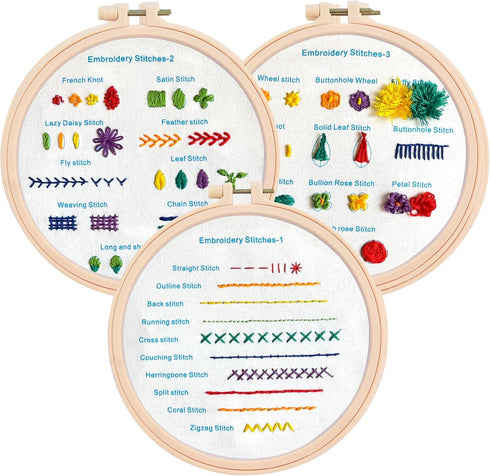 The ZenStore Embroidery Starter Kit for Beginners. Learn 28 Different Stitches. Complete DIY, Includes 3 Hoops, 3 Stamped Patterns, Needles, Sciss...