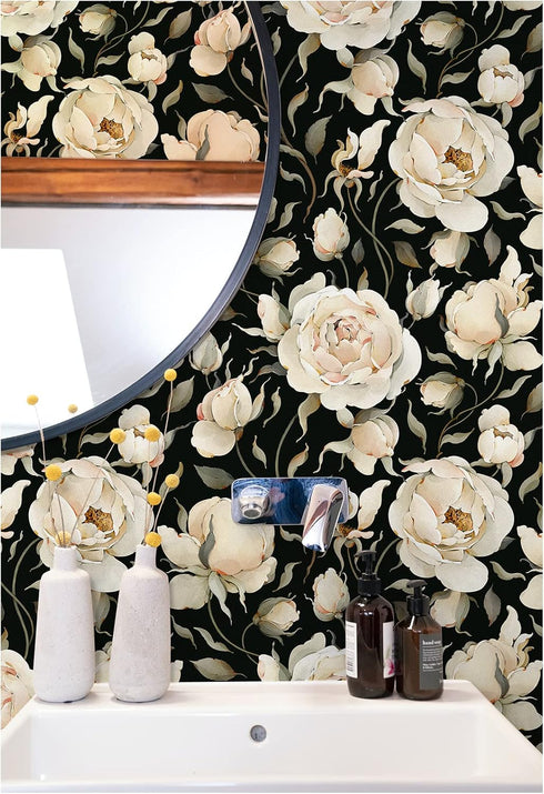 HAOKHOME 93242-1 Peel and Stick Wallpaper Floral Vintage Roses Peonies Contact Paper Removable Black/Beige/Olive Self Adhesive Mural 17.7in x 6.5f...